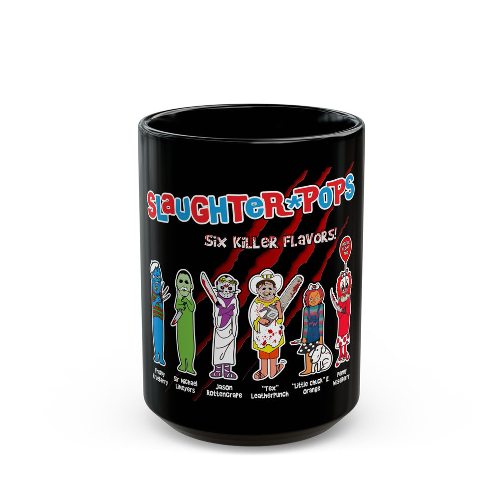 Slaughter Pops Horror Character Black Coffee Mug — 'Six Killer Flavors' Novelty Gift