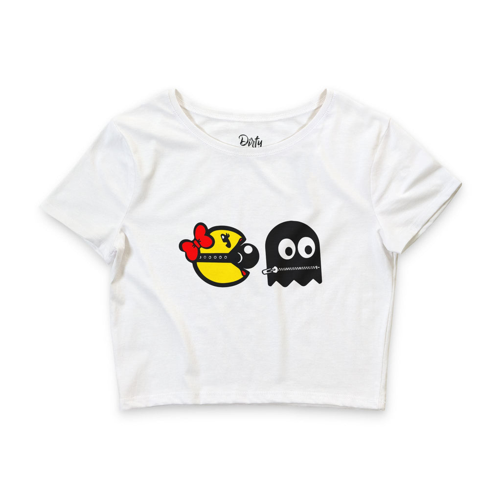 S&Ms. Pac-Girl and 'Kinky' Ghost Crop Tee — Cute Retro Arcade Ghost Graphic Tee