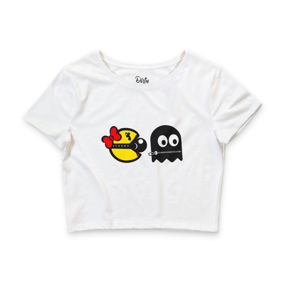 S&Ms. Pac-Girl and 'Kinky' Ghost Crop Tee — Cute Retro Arcade Ghost Graphic Tee