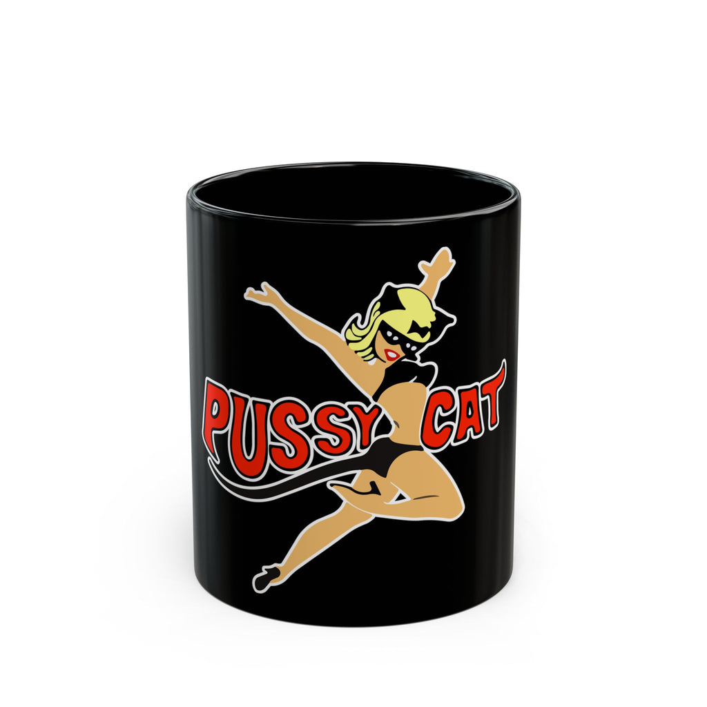Pussy Cat Retro Pin-Up Black Coffee Mug – Vintage Bombshell Graphic (11oz, 15oz)