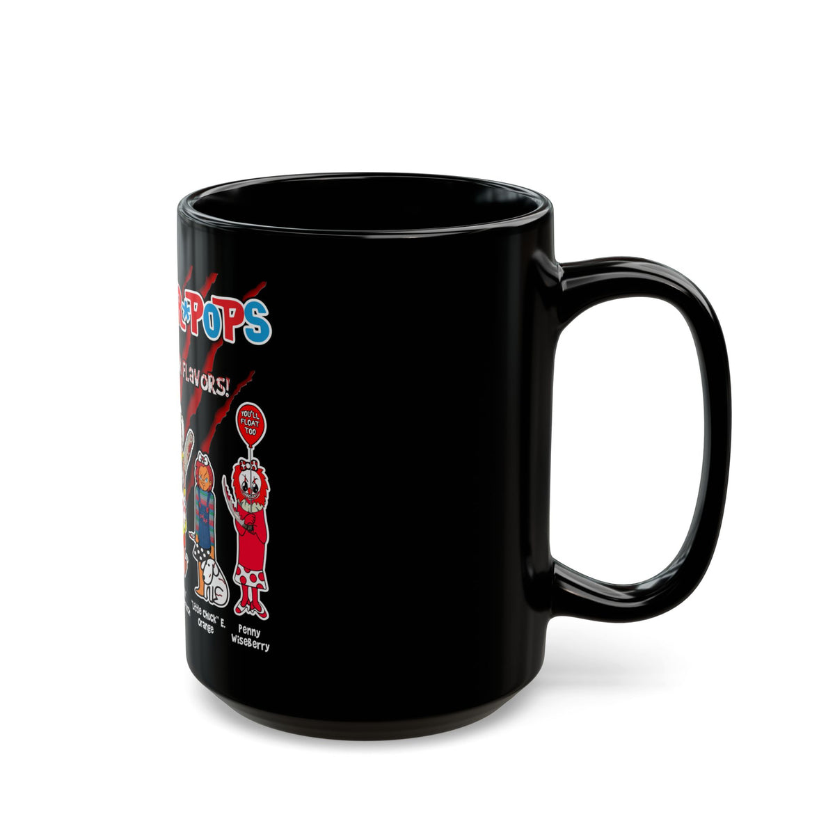 Slaughter Pops Horror Character Black Coffee Mug — 'Six Killer Flavors' Novelty Gift