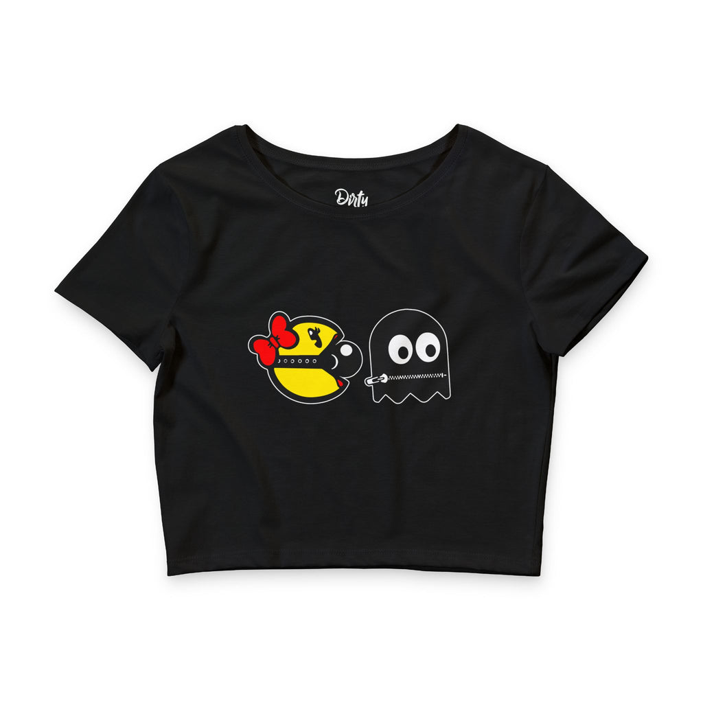 S&Ms. Pac-Girl and 'Kinky' Ghost Crop Tee — Cute Retro Arcade Ghost Graphic Tee