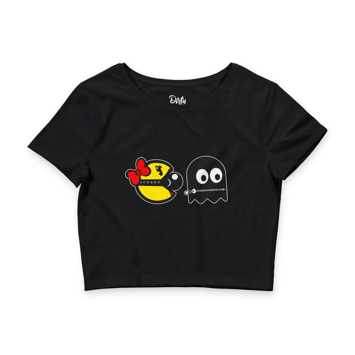 S&Ms. Pac-Girl and 'Kinky' Ghost Crop Tee — Cute Retro Arcade Ghost Graphic Tee