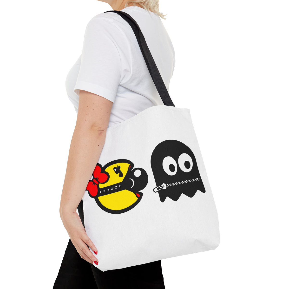 S&Ms. Pac-Girl and 'Kinky' Ghost Tote Bag — "Dirty Rice" Funny Retro Arcade Tote