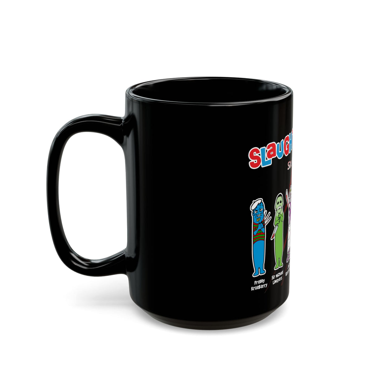 Slaughter Pops Horror Character Black Coffee Mug — 'Six Killer Flavors' Novelty Gift