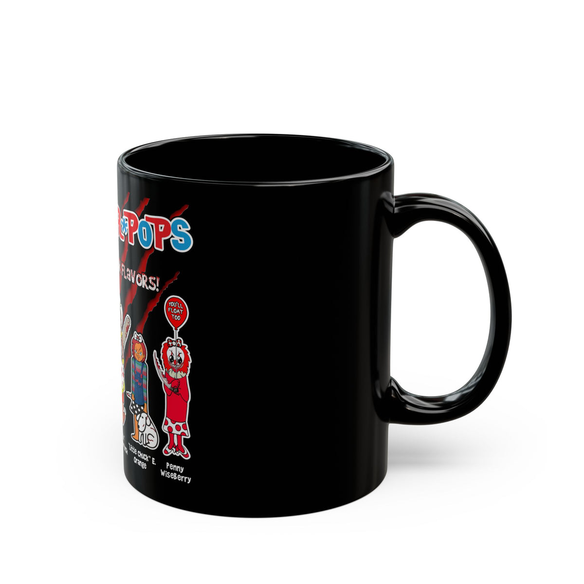 Slaughter Pops Horror Character Black Coffee Mug — 'Six Killer Flavors' Novelty Gift